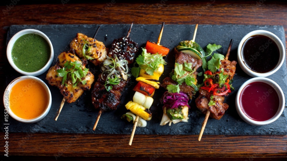 Poster a top-down view of yakitori skewers served on a black slate plate, accompanied by colorful dipping s