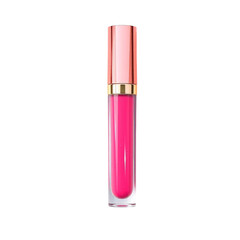 A studio shot of a pink lip gloss in its tube, showcasing the shiny and vibrant cosmetic product.