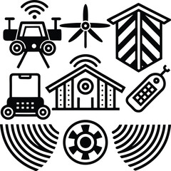 Fototapeta premium Collection of black and white icons representing smart technology including a drone wind turbine smart home and remote control symbolizing innovation and connectivity