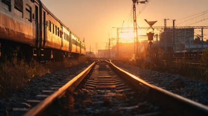 A train crossing a railway track at sunrise, with the golden light of the early morning casting long shadows over the rails