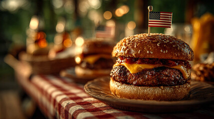 Close up of a burger with a small american flag on top sitting on a plate with another burger behind it