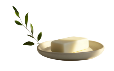 Clean white bar soap resting gently on a smooth ceramic dish designed for a simple elegant presentation in any bathroom or wash area isolated on transparent background PNG