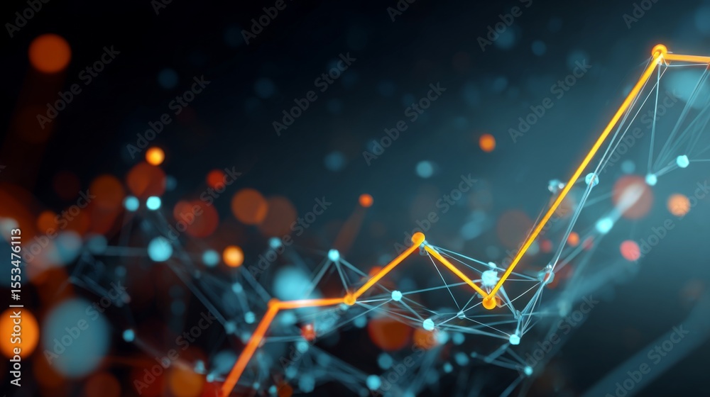 Poster A vibrant D stock market graph with interconnected nodes and lines showing a steep upward trend, set against a high-tech, glowing background