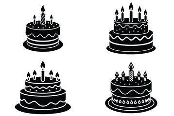 Collection of stylized black and white birthday cakes with candles