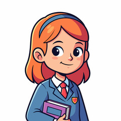 Cheerful cartoon student girl in school uniform holding a book