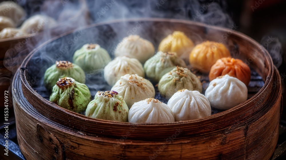 Poster a vibrant close-up of a bamboo steamer filled with steaming dim sum and bao buns, showcasing their d