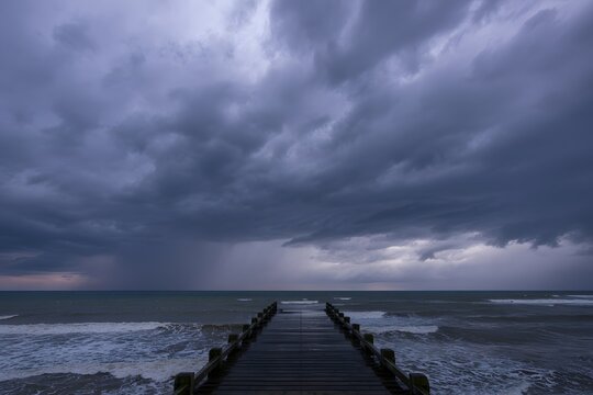 Stormy sea with rain clouds over a wooden pier