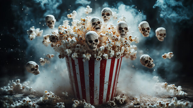 Popcorn bursts from striped bucket surrounded by floating skulls in an eerie atmosphere