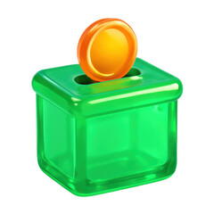 Translucent 3D Green Box with Orange Coin Icon Suggesting Financial Investment or Wealth Creation on Transparent Background