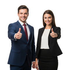 Man and woman, dressed in formal business attire, facing forward with thumbs up isolated on white or transparent background