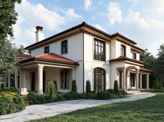 Fototapeta premium Elegant Mediterranean Style House with Lush Green Surroundings