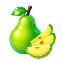 3D Translucent Icon Style Green Pear With Sliced Pieces Isolated On Transparent Background