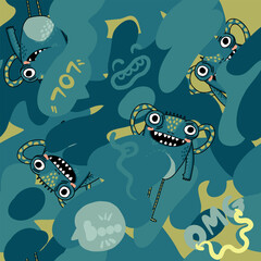 Seamless military pattern with monster, bubble speech, . Vector background for textile and fabric, wrapping paper, socks, clothes, web, stationery and other designs.