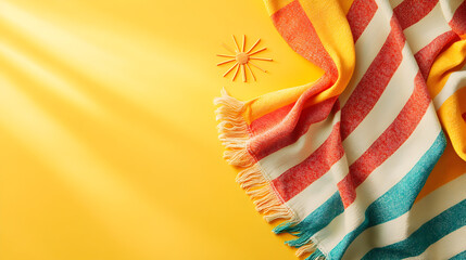 Colorful striped beach towel and wooden sun ornament on a sunny yellow background