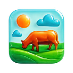 3D Translucent Icon Style Orange Cow Grazing on Green Field Under Blue Sky with Clouds and Bright Sunlight