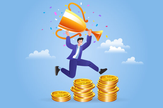 businessman leaping over stacks of golden coins while holding a trophy, depicting financial triumph, achieving wealth goals, reward for success, and the joy of reaching milestones in business .
