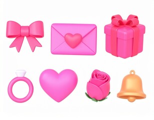 3d rendering. Valentine's icon set on a white background.bow,letter,gift box,heart,r
