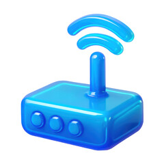 Three Dimensional Translucent Blue Router Icon on Transparent Background for Wireless Internet Access