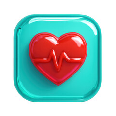 3D Translucent Icon Style Red Heart And Pulse Symbol On Green Square Background
