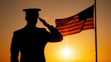 Silhouette of a Soldier Saluting the American Flag at Sunset
