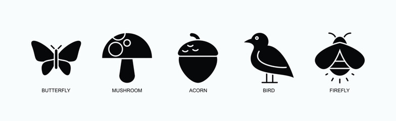 Enchanted Garden Icon Set Isolated Vector With Icon Of Butterfly, Mushroom, Acorn, Bird, Firefly In Glyph Style