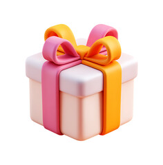 3D icon of a gift box with ribbons on a transparent background in a 2D illustration style. The design is cute, with a pink and orange color scheme.