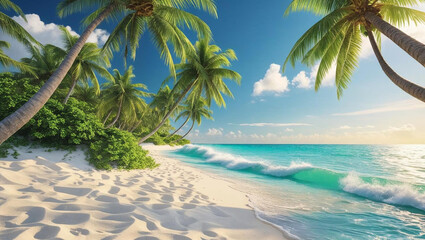Tropical paradise: A beautiful beach with palm trees, clear ocean water, and white sand under a summer sky