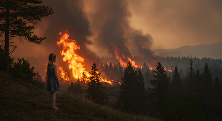 Obraz premium Young girl stands in awe as wildfires rage through the forest at twilight, creating a surreal and alarming contrast between nature and destruction