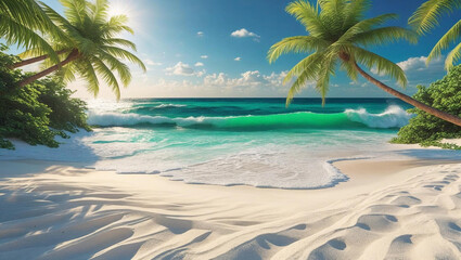 Tropical paradise beach with palm trees, blue sky, and clear ocean water