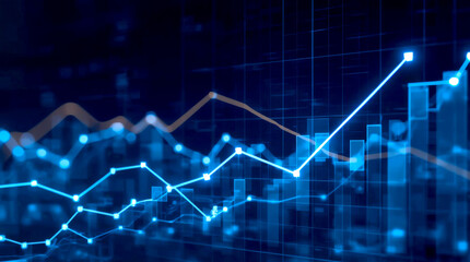 Investment finance chart, stock market business and exchange financial growth graph, financial or business data, featuring prominent glowing blue line graphs with connected data points