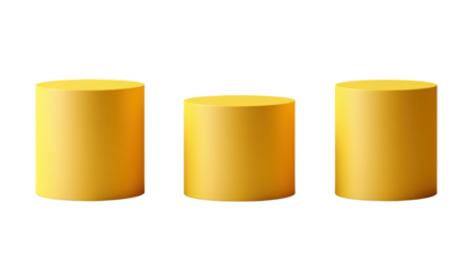 Three yellow pedestal cylinders of varying heights isolated on white background 