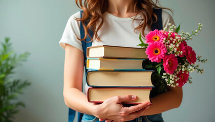 Girl holding books and bright flowers on first school day, symbolizing knowledge, education, and festive September start.