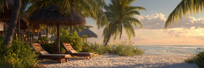 Tropical Paradise Sunset Serene Beach with Palm Trees and Lounge Chairs at Golden Hour, Inviting Relaxation and Idyllic Vacation Escapes
