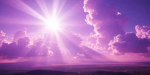 Piercing sunlight bursts through vibrant purple cloudscape, surreal landscape, surreal,  purple