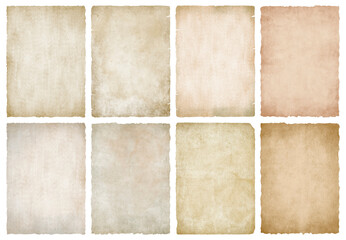 Vintage old paper textures set. Antique ancient parchment background with ragged rough edges	