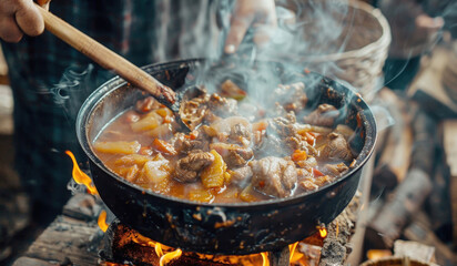 Hearty Outdoor Stew: Traditional Campfire Cooking with Rich Meat and Vegetable Stew Simmering in a Cast Iron Pot over Open Flames