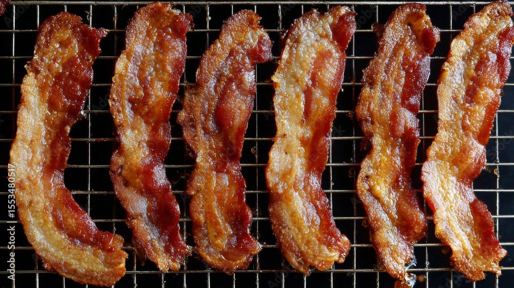 Poster bacon strips cooling on a wire rack after frying, with crispy edges and golden brown texture, ready 
