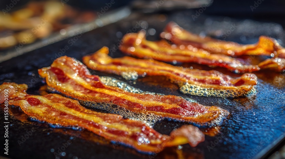 Poster bacon strips sizzling on a flat top grill, with detailed focus on the grease bubbling and the edges 