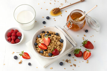 Top-down photo of a healthy breakfast with muesli, honey jar, and glass of milk. All food objects are placed ONLY in the bottom right corner of the image. The ENTIRE center and left side must be PURE 
