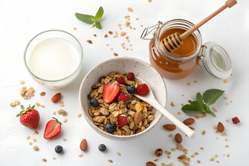 Top-down photo of a healthy breakfast with muesli, honey jar, and glass of milk. All food objects are placed ONLY in the bottom right corner of the image. The ENTIRE center and left side must be PURE 