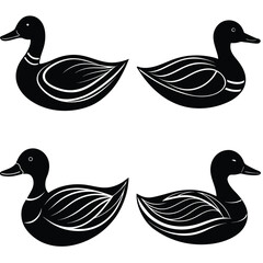 Four stylized black ducks with white feather details on a white background