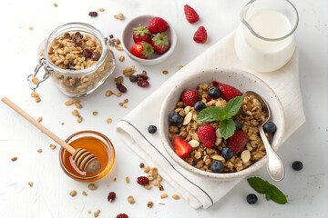 Top-down photo of a healthy breakfast with muesli, honey jar, and glass of milk. All food objects are placed ONLY in the bottom right corner of the image. The ENTIRE center and left side must be PURE 