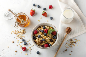 Top-down photo of a healthy breakfast with muesli, honey jar, and glass of milk. All food objects are placed ONLY in the bottom right corner of the image. The ENTIRE center and left side must be PURE 