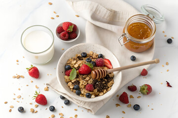 Top-down photo of a healthy breakfast with muesli, honey jar, and glass of milk. All food objects are placed ONLY in the bottom right corner of the image. The ENTIRE center and left side must be PURE 