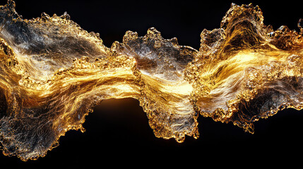 Close-up of a splash of golden liquid, creating a wave-like form against a dark background.