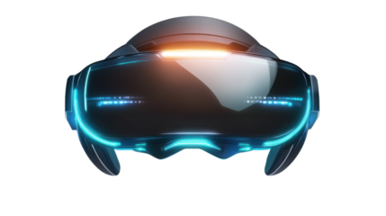 Futuristic virtual reality headset with glowing lights on white background 