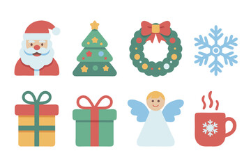 Naklejka premium Christmas Graphics Santa Claus, Tree, Wreath, Snowflake, Gifts, Angel, and Mug with Steam