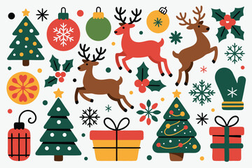 Obraz premium Colorful Christmas Illustration with Reindeer, Trees, Ornaments, Gifts, Snowflakes, Holly, and a Mitten on White