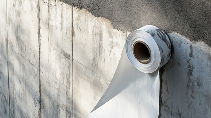 Roll of white vapor barrier insulation against a textured concrete foundation wall