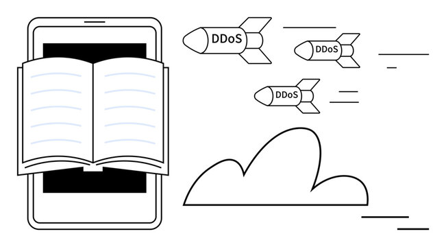 Open book on smartphone representing knowledge, DDoS attack rockets aimed at a cloud indicating online threats. Ideal for technology, cybersecurity, education, data protection, internet safety